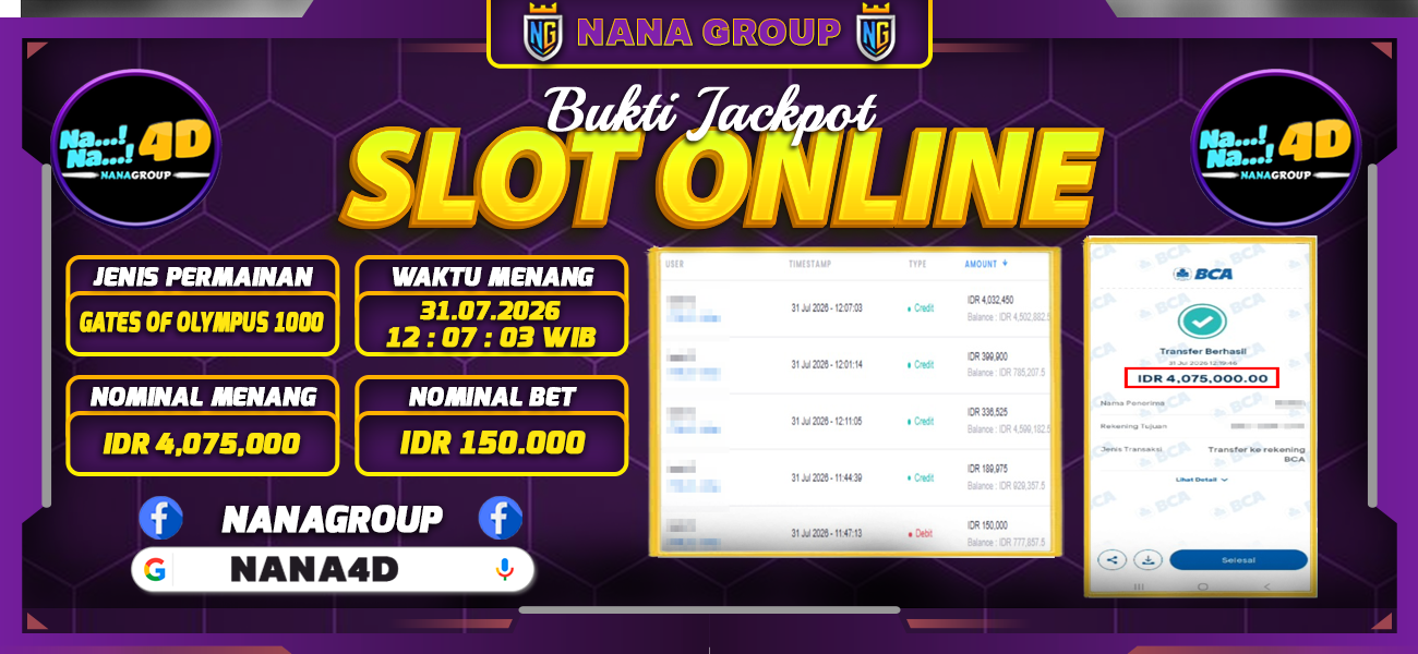 Bukti Kemenangan Besar Dibayar lunas Member NANA4D RP 4.075.000, 1 Agustus 2026