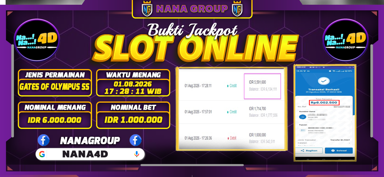 Bukti Kemenangan Besar Dibayar lunas Member NANA4D RP 6.000.000, 1 Agustus 2026