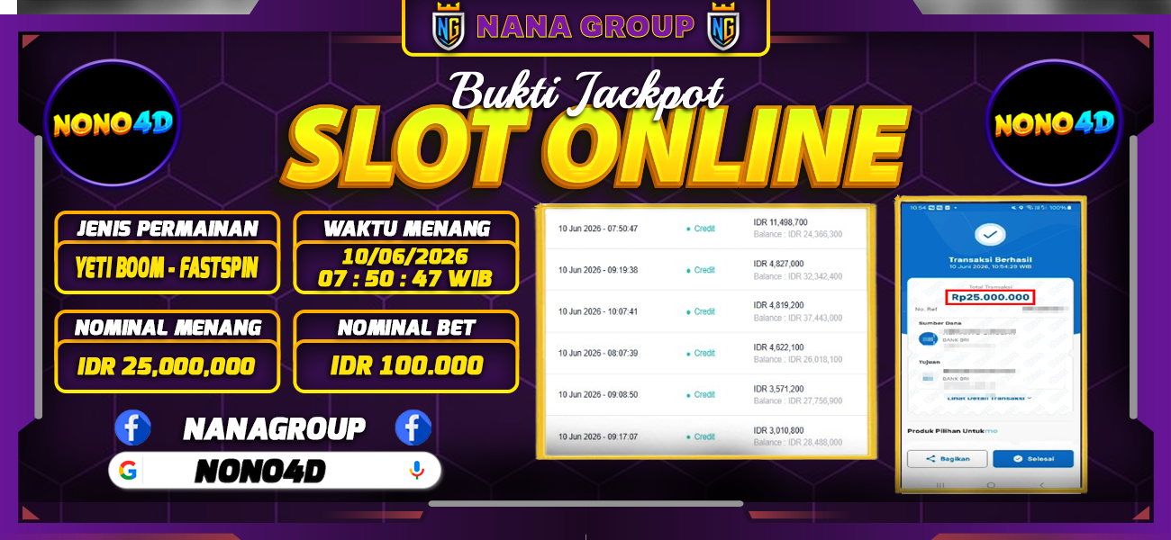 Bukti Kemenangan Besar Dibayar lunas Member NONO4D RP 25.000.000, 10 Juni 2026