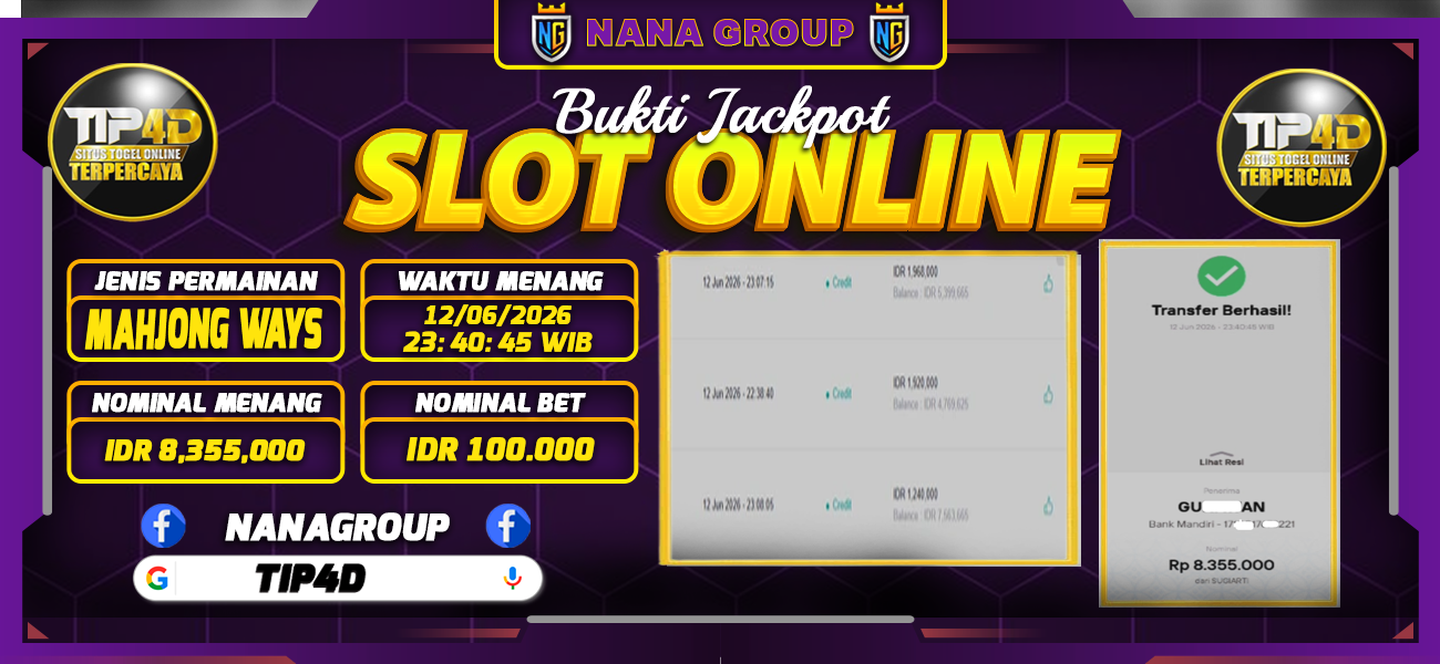 Bukti Kemenangan Besar Dibayar lunas Member TIP4D RP 8.355.000, 12 Juni 2026