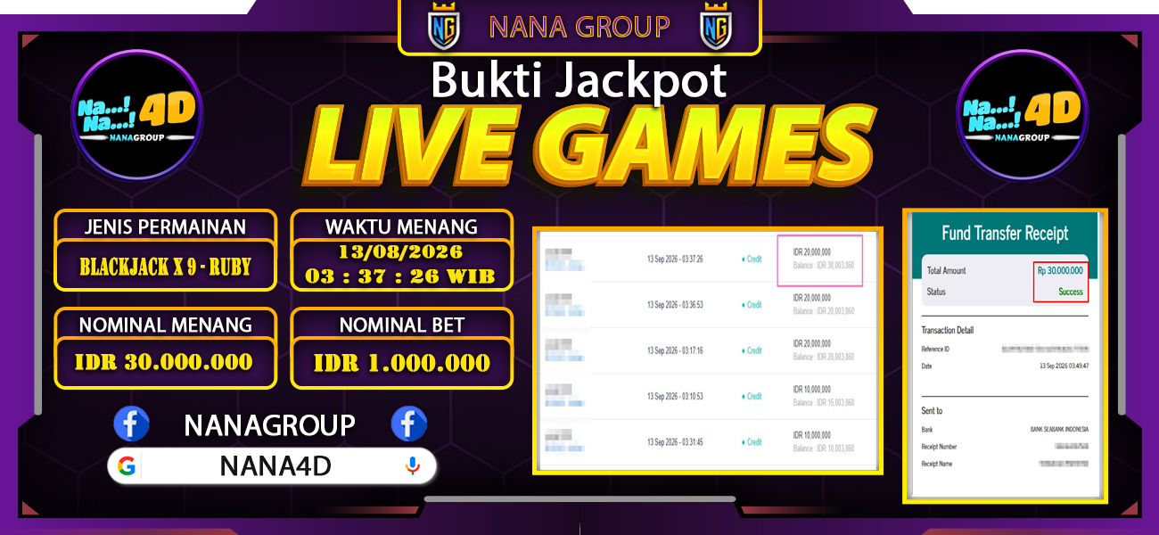 Bukti Kemenangan Besar Dibayar lunas Member NANA4D RP 30.000.000, 14 September 2026