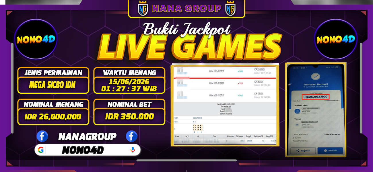 Bukti Kemenangan Besar Dibayar lunas Member NONO4D RP 26.000.000, 15 Juni 2026