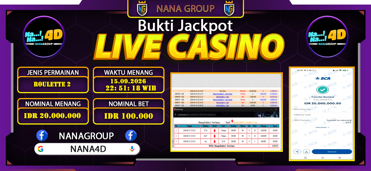 Bukti Kemenangan Besar Dibayar lunas Member NANA4D RP 20.000.000, 15 September 2026