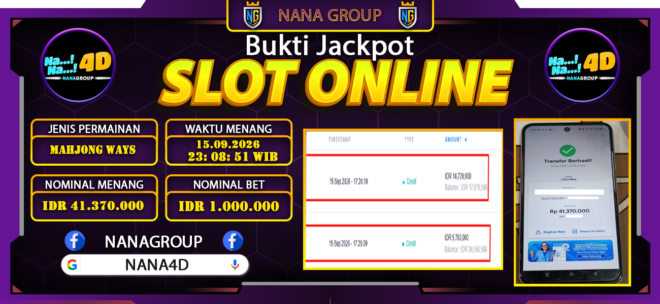 Bukti Kemenangan Besar Dibayar lunas Member NANA4D RP 41.370.000, 15 September 2026