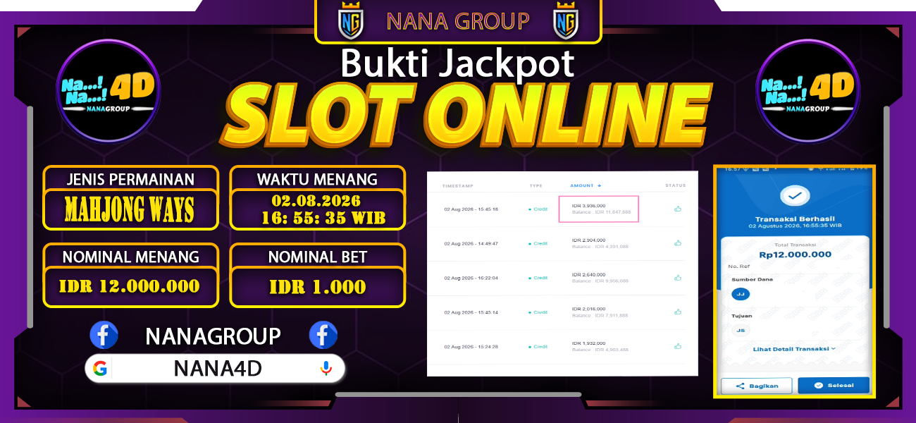 Bukti Kemenangan Besar Dibayar lunas Member NANA4D RP 12.000.000, 2 Agustus 2026