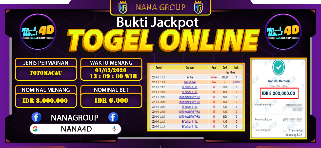 Bukti Kemenangan Besar Dibayar lunas Member NANA4D RP 8.000.000, 2 Maret 2026