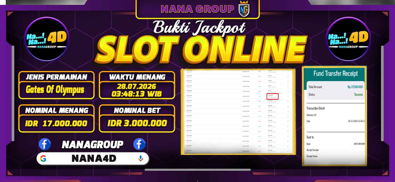 Bukti Kemenangan Besar Dibayar lunas Member NANA4D RP 17.000.000, 28 Juli 2026