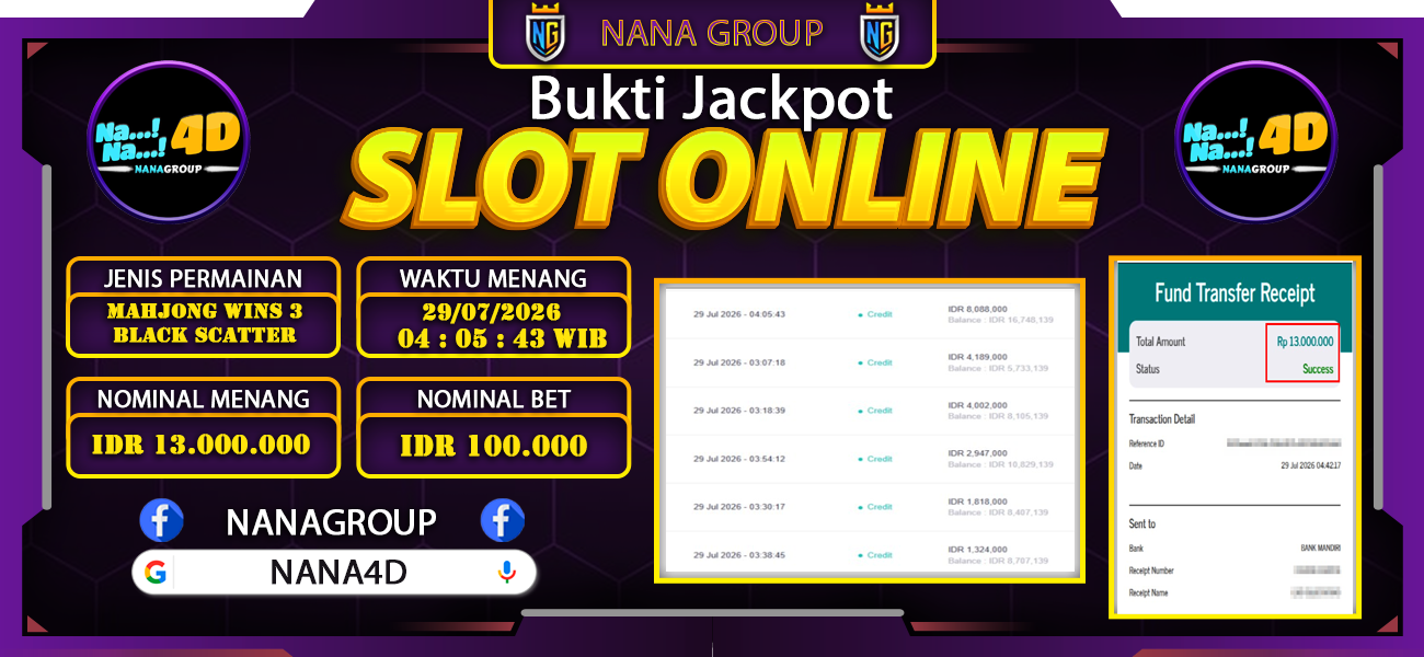 Bukti Kemenangan Besar Dibayar lunas Member NANA4D RP 13.000.000, 29 Juli 2026