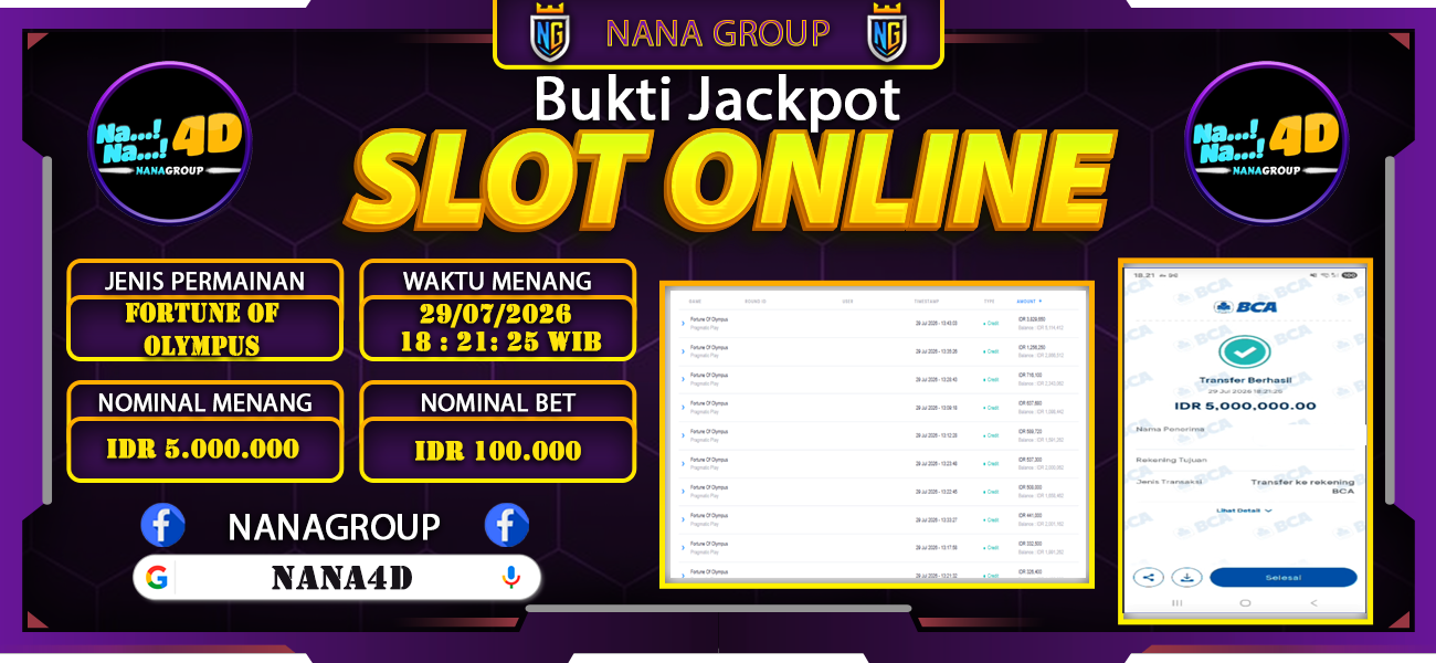 Bukti Kemenangan Besar Dibayar lunas Member NANA4D RP 5.000.000, 29 Juli 2026