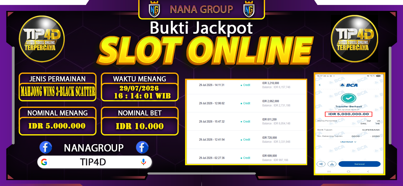 Bukti Kemenangan Besar Dibayar lunas Member TIP4D RP 5.000.000, 29 Juli 2026