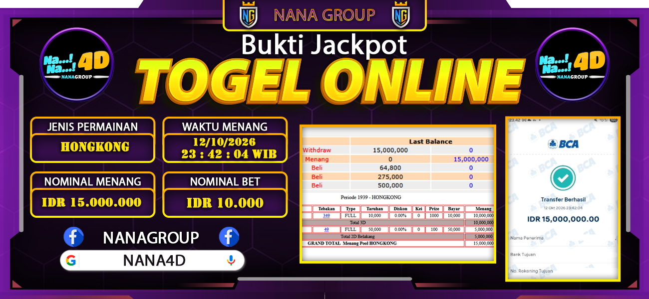 Bukti Kemenangan Besar Dibayar lunas Member NANA4D RP 15.000.000, 12 Oktober 2026